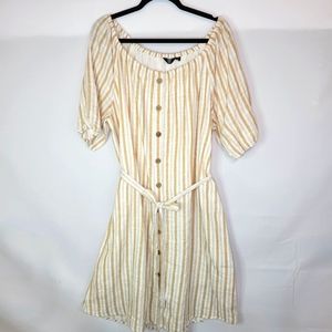 Mlle Gabrielle Size 2X Cotton Tan White Striped Belted Short Sleeve Dress Lined